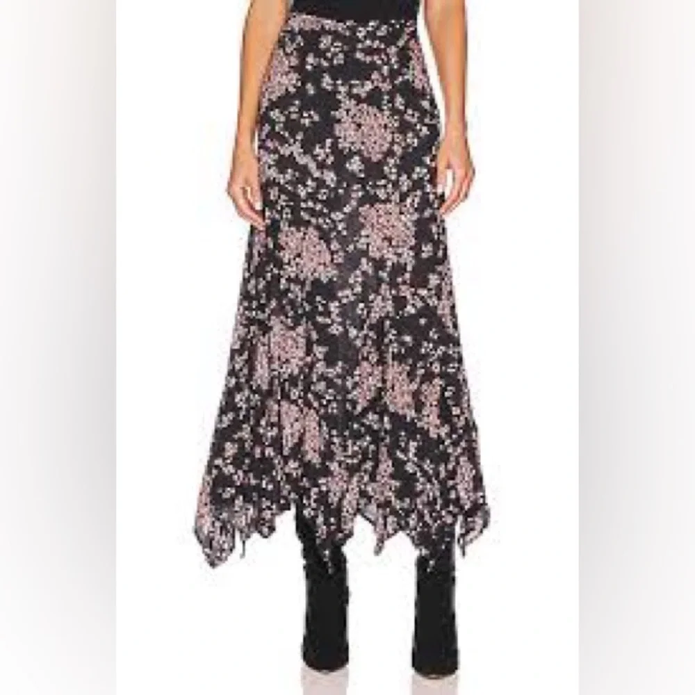 Free People Asymmetrical Floral Skirt in Black and Pink